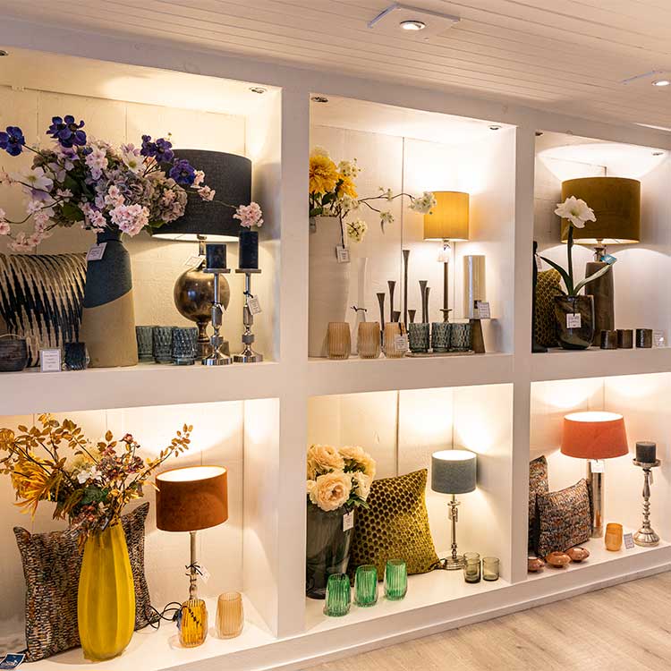 Extensive displays of interior lighting and lampshades at New England Home Interiors in Horshamm
