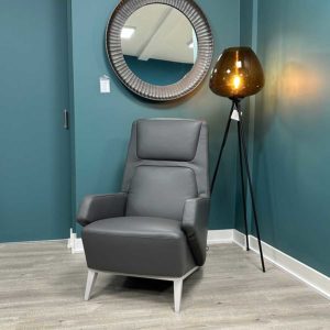 Hugo leather armchair upholstered in Dali Anthracite Leather and light wood frame