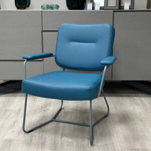 Kiko Retro Armchair upholstered in soft Petrol leather with blue grey frame and legs