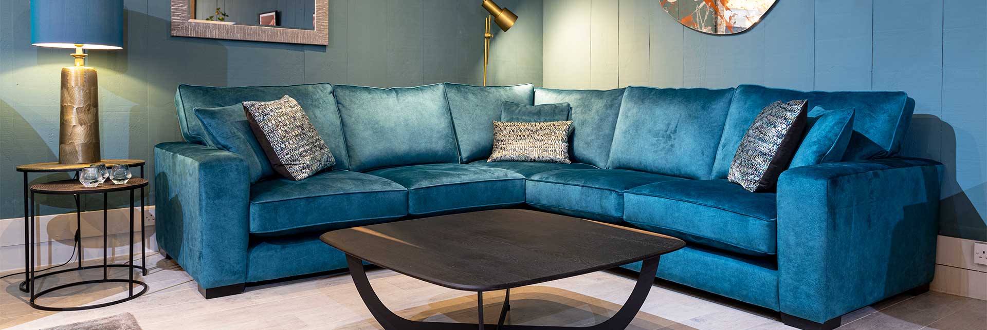 Lexington large bespoke corner sofa in Aquaclean blue luxury velvet fabric