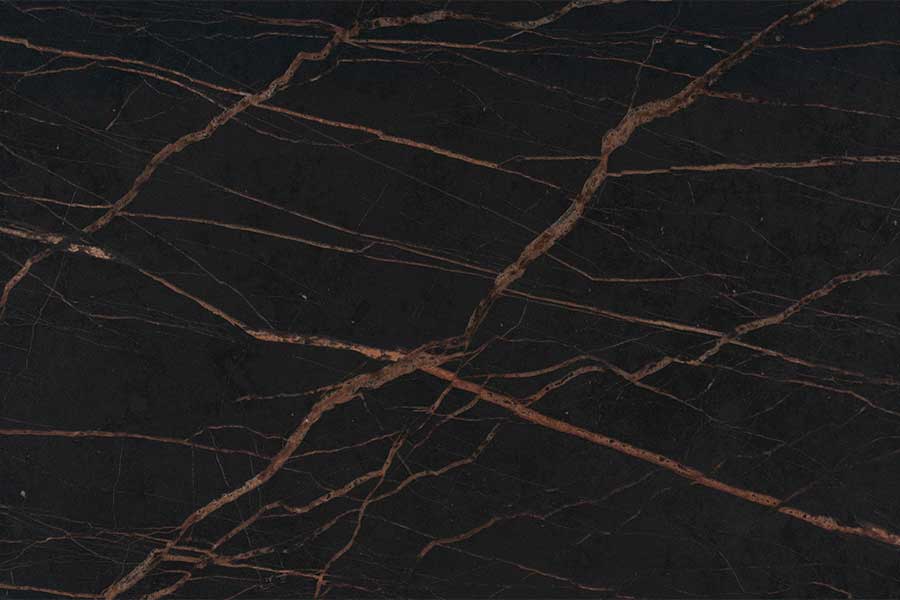 Dekton Laurent black marble effect sintered stone with rust colour veins 