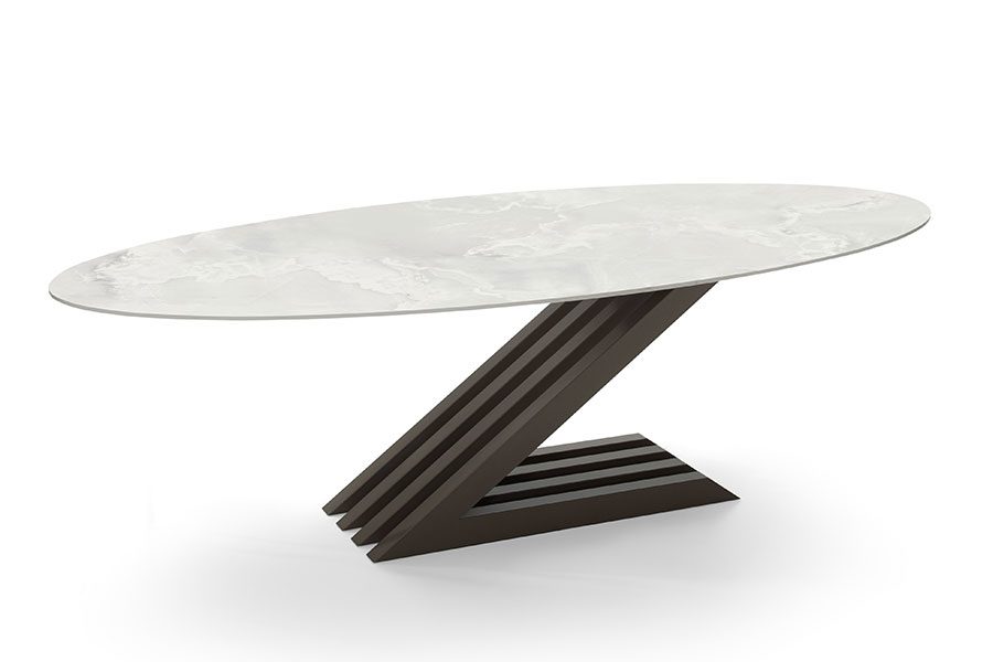 Super stylish Vegas oval dining table with white marble effect Dekton top