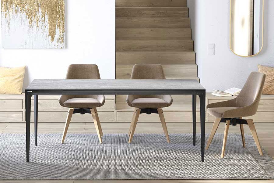 Vesuvius dining table is available with ceramic marble effect surfaces