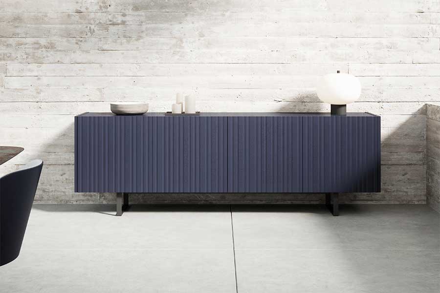 Braga modern sideboard in matt indigo blue with ribbed doors