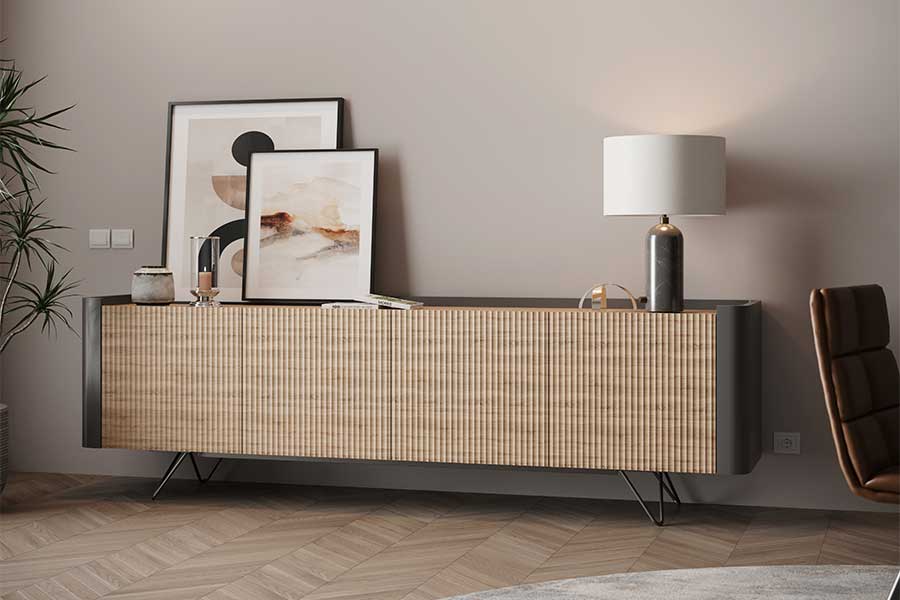 Sintra low modern sideboard with fluted wood doors