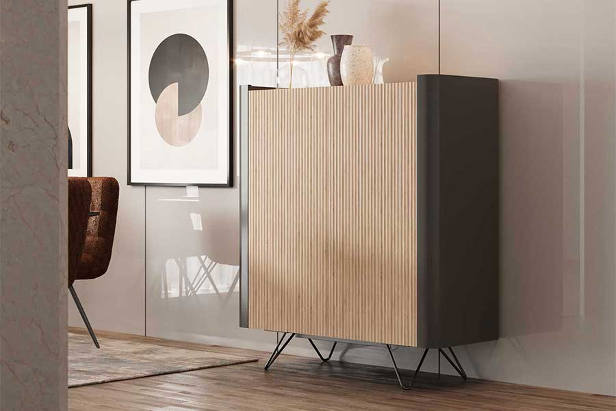 Sintra tall modern sideboard with fluted wood veneer doors