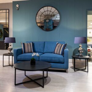 Hampshire modern square arm sofa in Ross blue velvet fabric