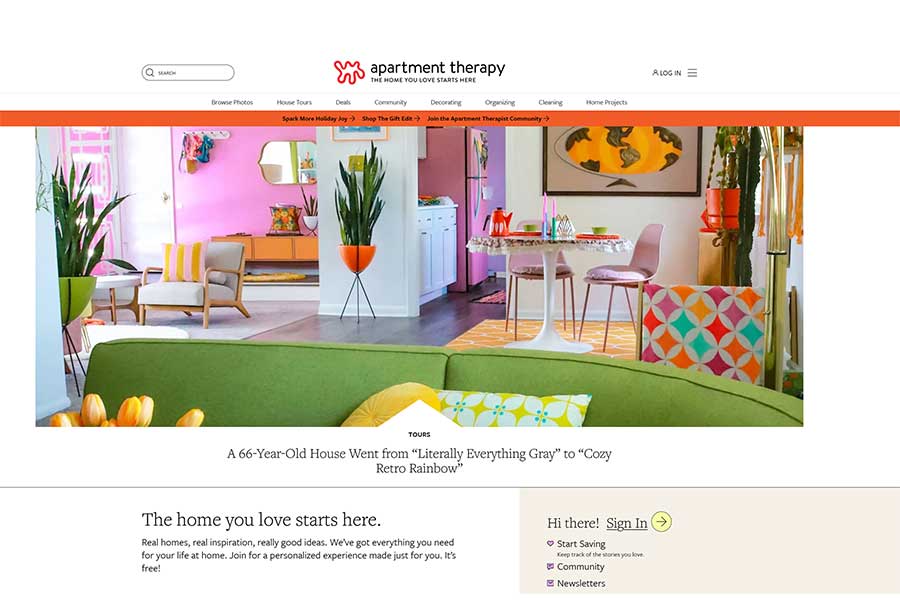 The Apartment Therapy website displaying lots of great interior design ideas