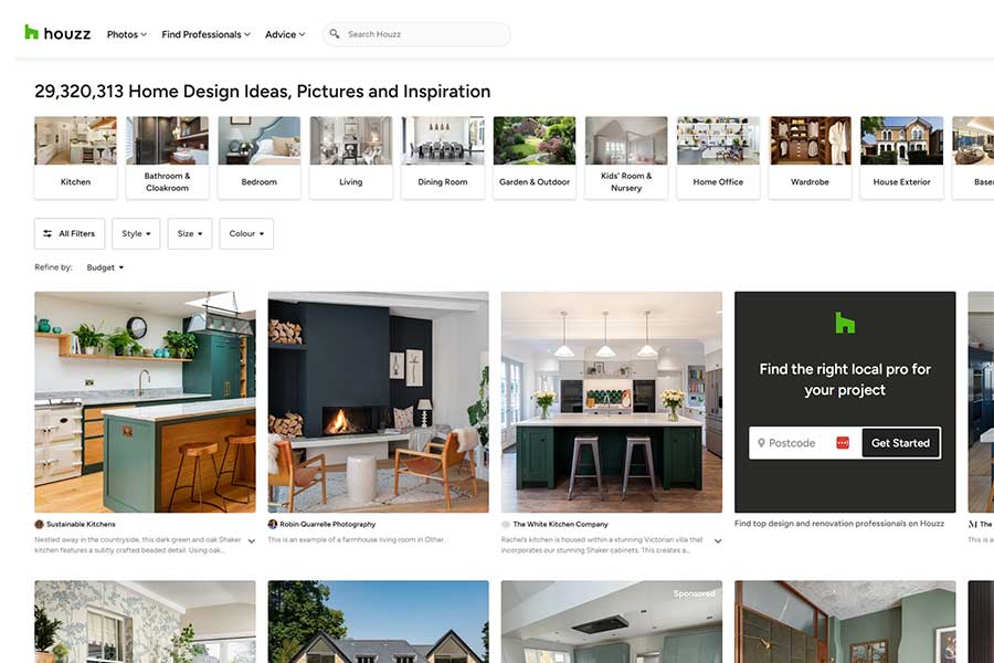 Houzz website displaying lots of interior design ideas