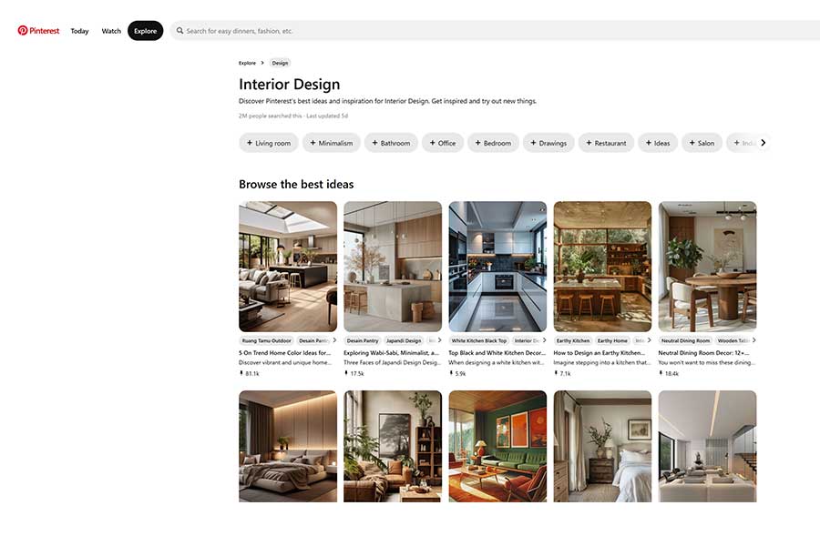 Pinterest website displaying interior design ideas 