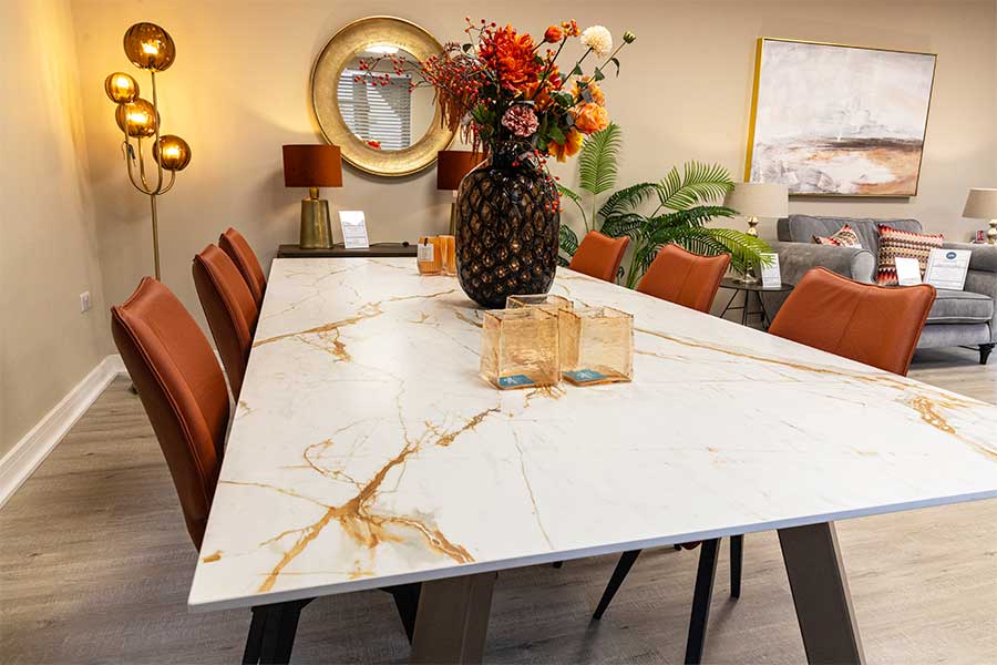 Large Arizona Dekton dining table with white and gold marble effect ceramic top