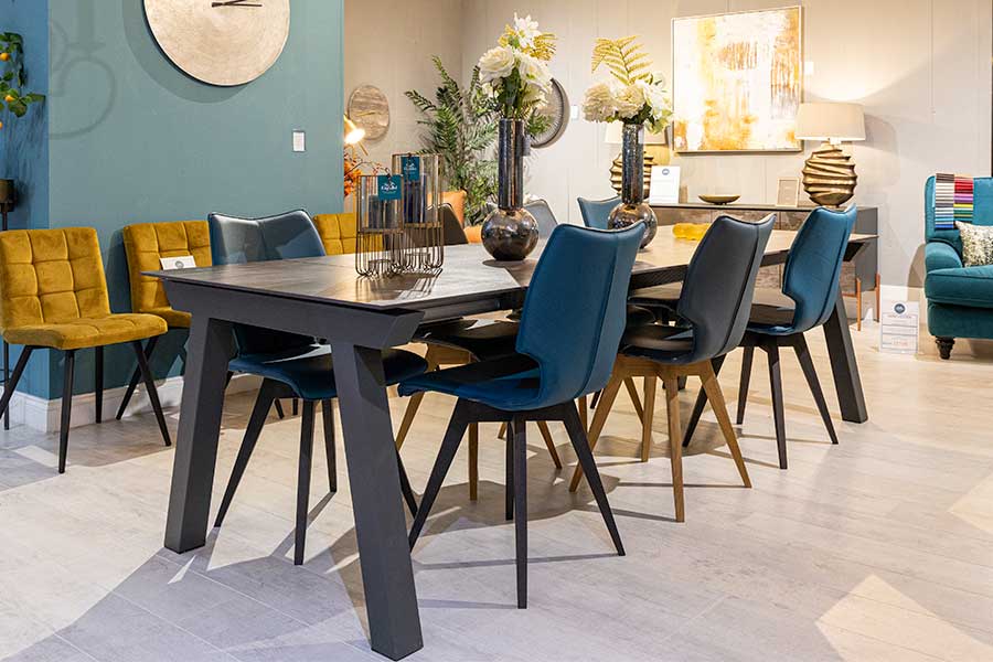 Dakota Dekton 8 seat dining table with leather dining chairs