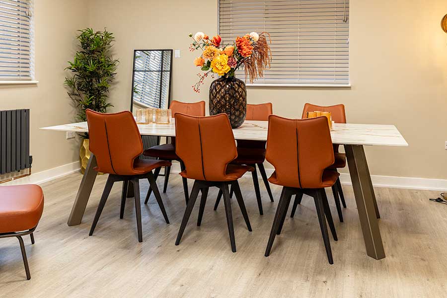 Luxury burnt orange dining chairs on sale at New England Home Interiors in Horsham