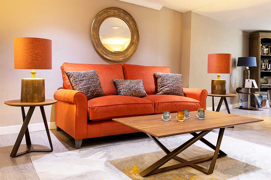 Red Denver sofa with traditional curved arms, high back, and deep filled cushions
